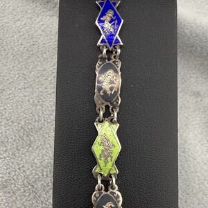 Vintage Siam Sterling Silver Bracelet Enamel Multi Color Niello 6"